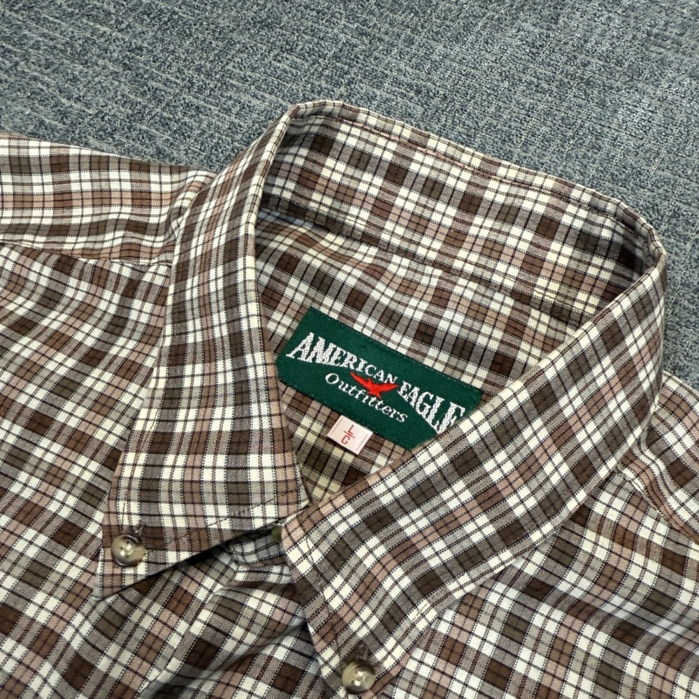 American Eagle Shirt Mens Large Brown Plaid Short Sleeve Button Up Y2K Vintage